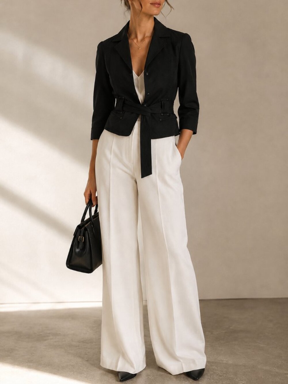 Paule Ka Belted Cropped Blazer Jacket Black Parisian Chic EU 40 US 8